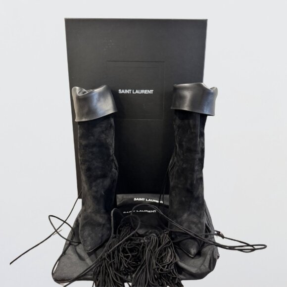 Saint Laurent YSL Meurice 105 Thigh High Boots Tassel Suede Leather Black W 37.5 - Picture 1 of 14